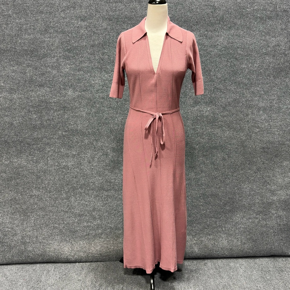 Adam Lippes Dress Womens S Pink Knit Collared Belted Sweater Maxi V Neck
